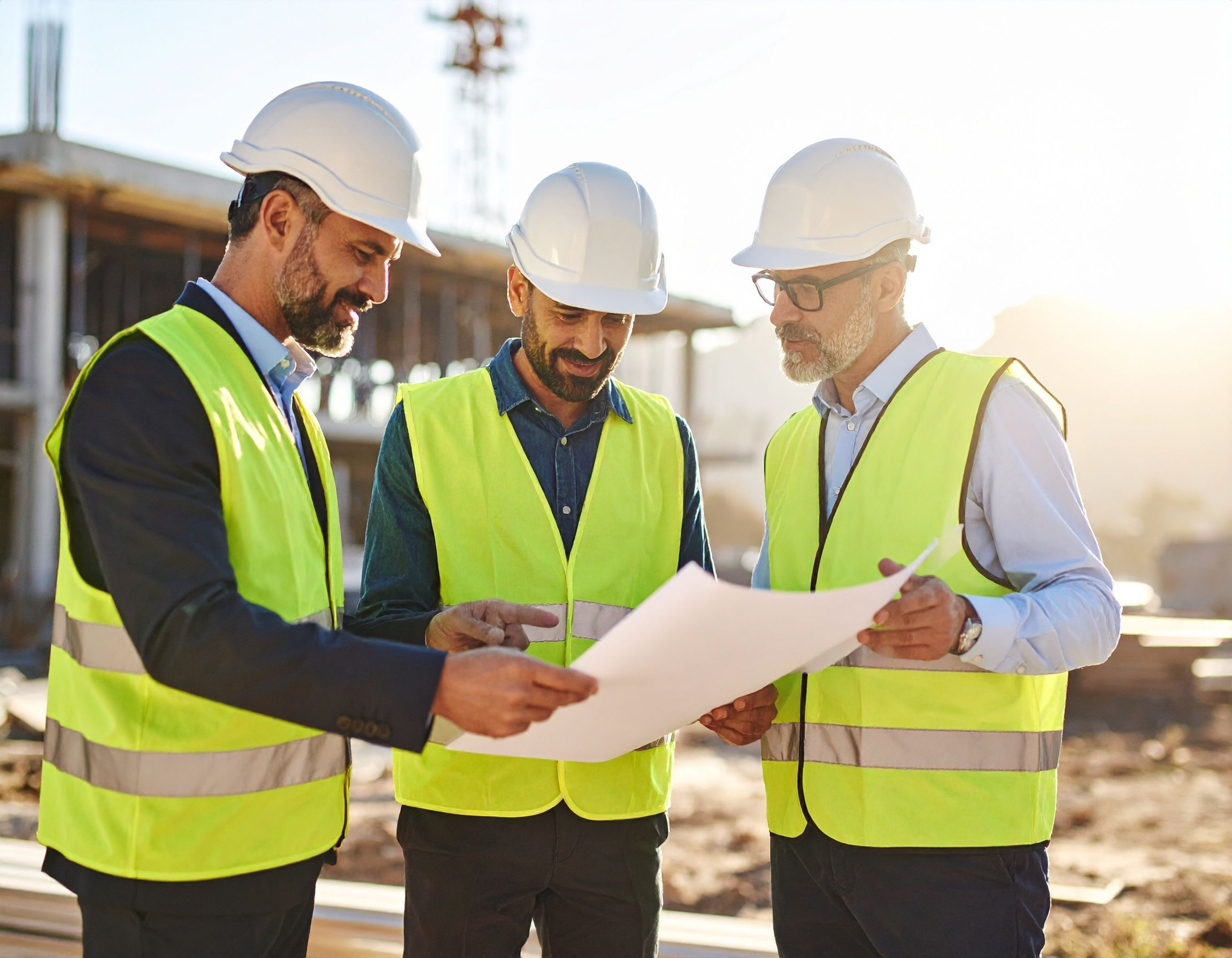 Drei Männer mit Schutzhelmen und Warnwesten besprechen Baupläne auf einer Baustelle