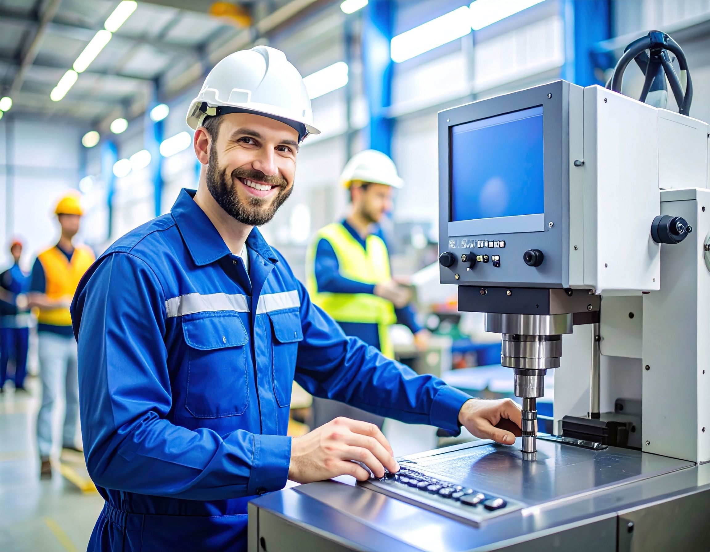 Arbeiter in blauem Overall bedient lächelnd ein CNC-Maschinenterminal in einer hellen Produktionshalle