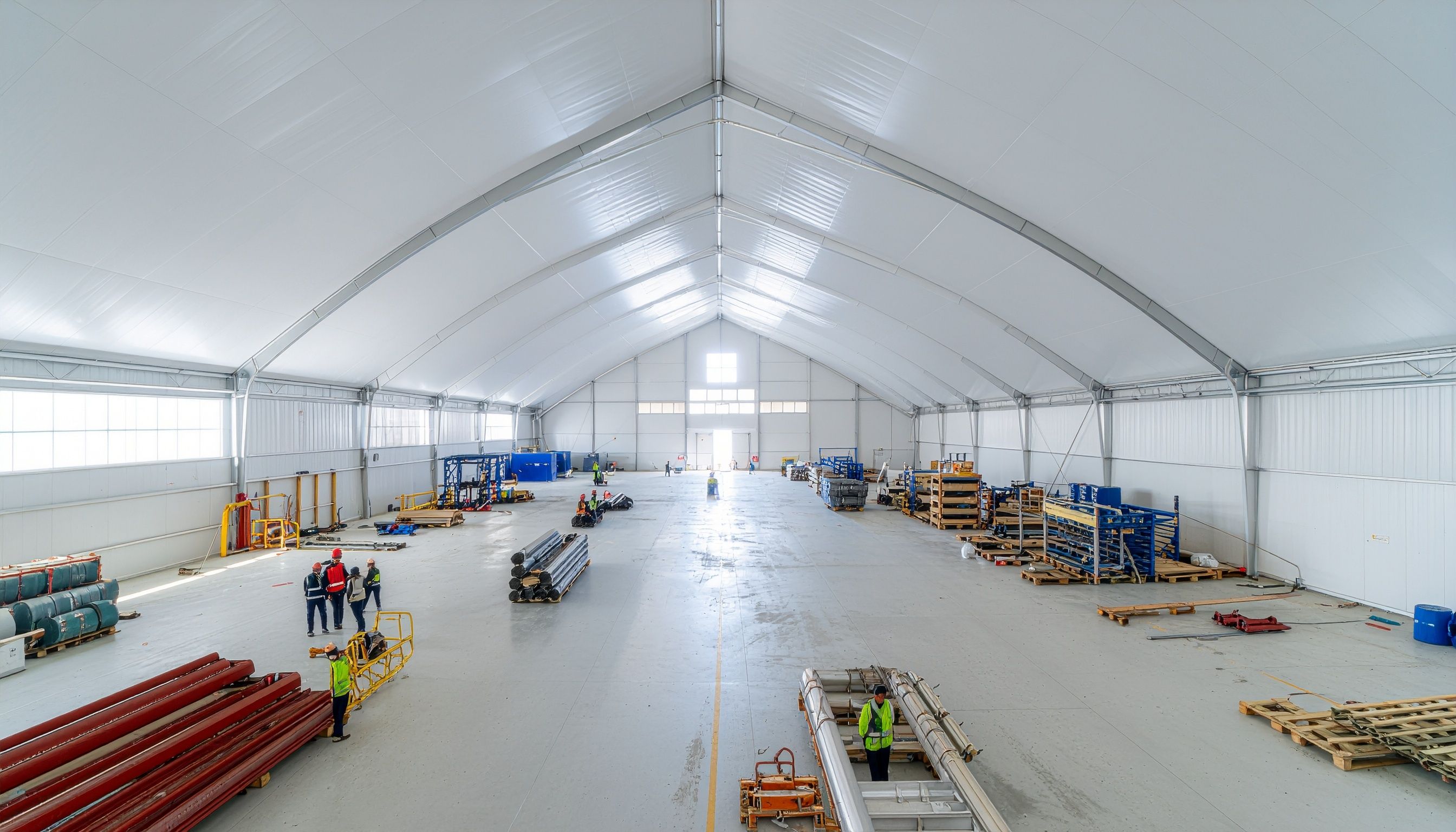 Großes Industriezelt als temporäre Lagerhalle von innen